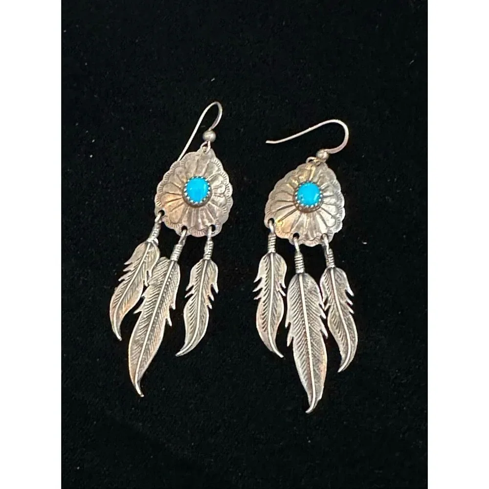 Sterling silver Native American American turquoise dangle earrings - Picture 1 of 2